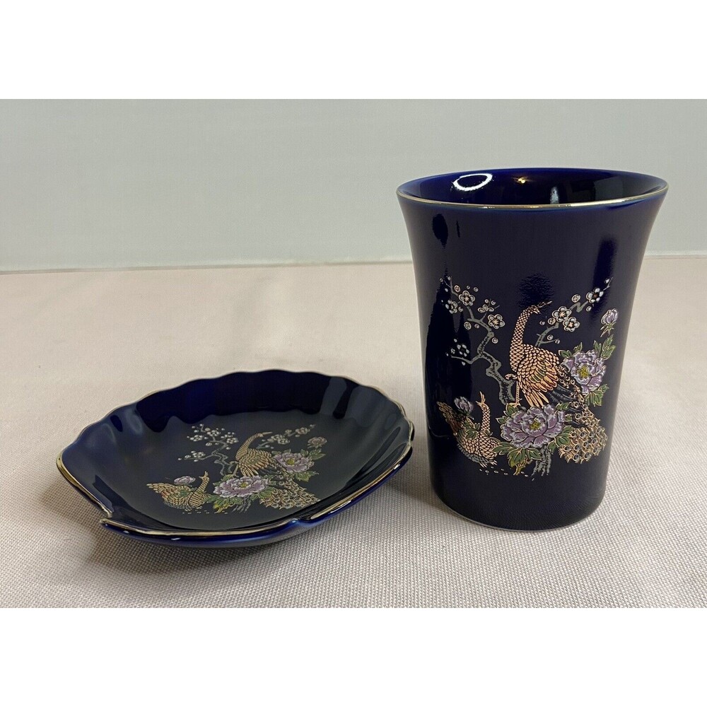 Vintage Japanese Blue Floral Ceramic Bathroom Set Cup and Soap Dish